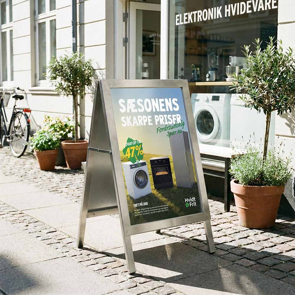 A-skilt opstillet på fortovet foran en Hvidt & Frit-butik